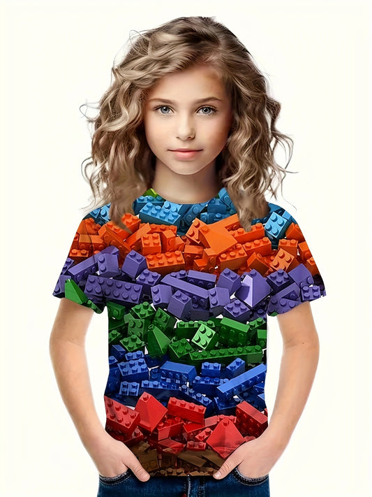 Comfy 3D Block Graphic Short Sleeve T-shirt - Casual Loose Fit Tees