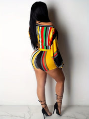  Stripe Print One Shoulder Knot Crop Top & Shorts Set