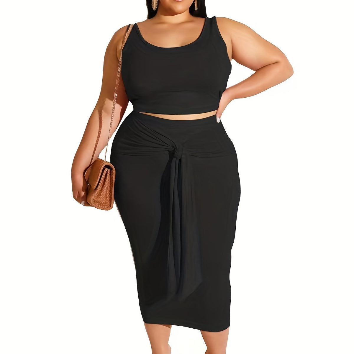  Solid Crop Tops & Pencil Skirt Set Women's Slight Stretch 2pcs Outfits