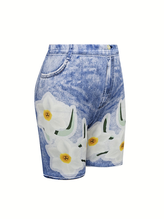 Flower Faux Denim Print Sports Shorts High Stretch