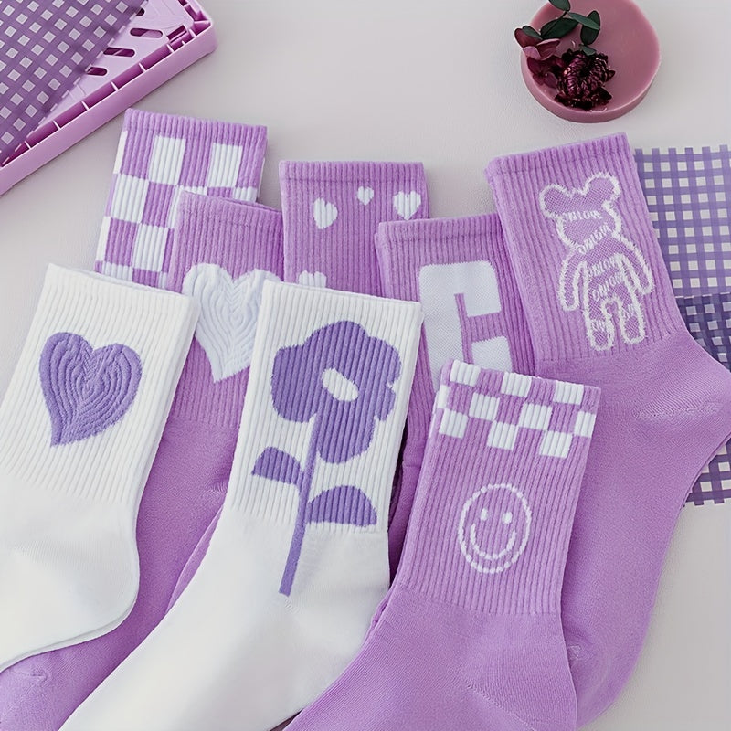 8 Pairs Heart Print Socks Comfy & Breathable All match Socks
