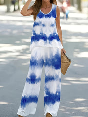 Floral Print Block Top & Solid Wide Leg Pants Set
