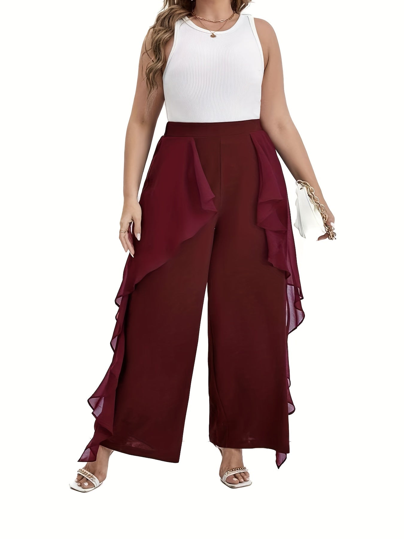 Solid Ruffle Trim High Rise Wide Leg Pants