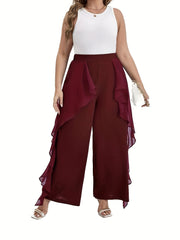 Solid Ruffle Trim High Rise Wide Leg Pants