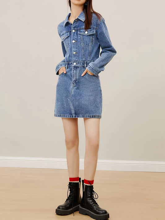 Flap Pockets Denim Dress Long Sleeve Single Breasted Button Dress