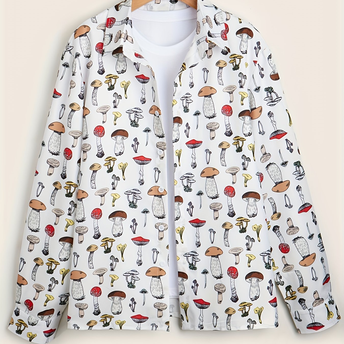 Mushroom Print Men's Button-Up Long Sleeve Shirt