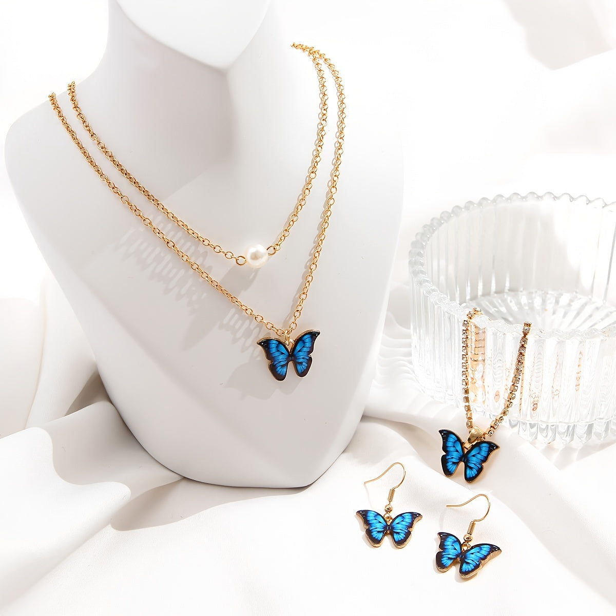 Butterfly Pendant Jewelry Set Necklace Bracelet Earrings