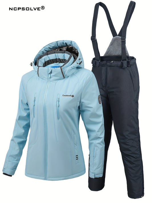2Pcs Women's Ski Set Hooded Jacket & Suspender Trouser