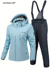 2Pcs Women's Ski Set Hooded Jacket & Suspender Trouser