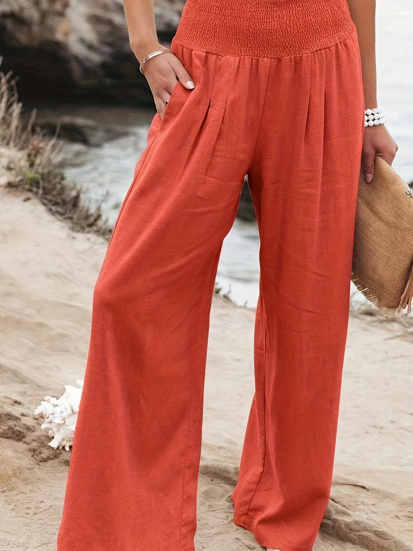  Solid High Rise Wide Leg Pants