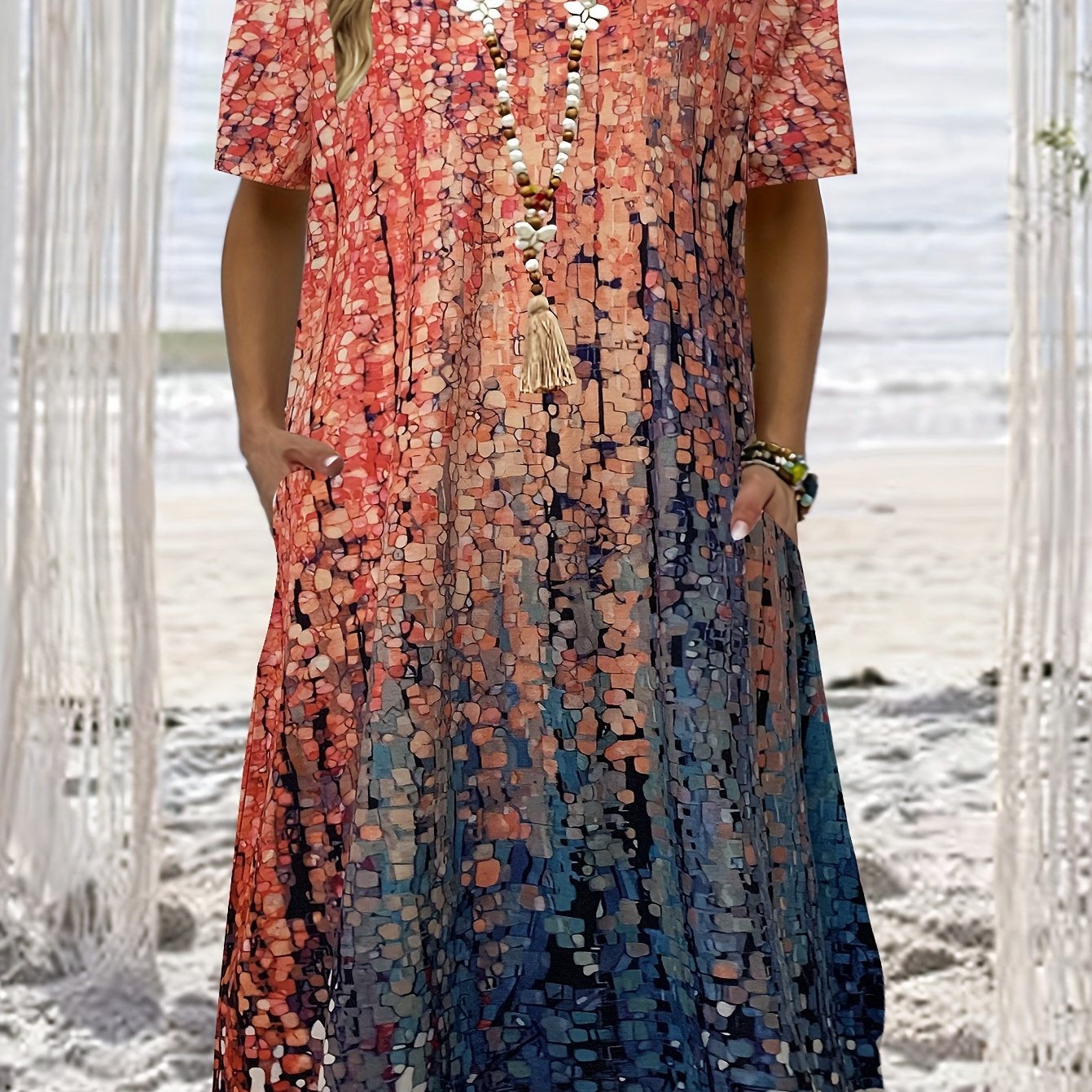  Allover Print Short Sleeve Round Neck Dress with Pockets