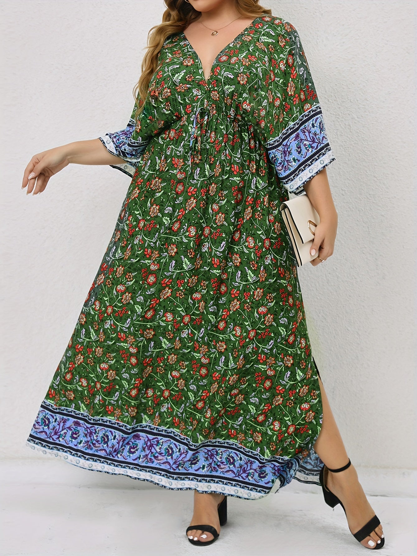  Boho Dress Floral Print V Neck Knot
