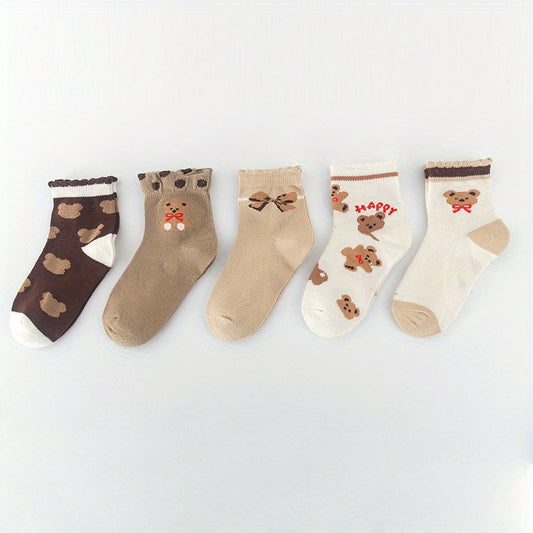 5 Pairs Kids Cartoon Bear Lace Crew Socks For Girls Khaki Short Tube All Season