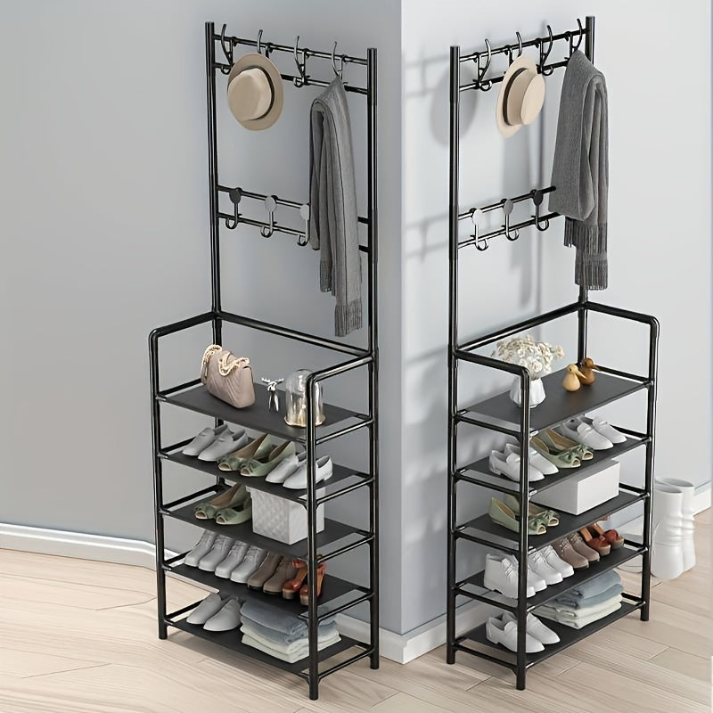 Shoe Storage Rack With Clothes Shelf and Hooks