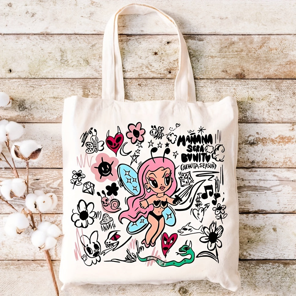 Mermaid Canvas Handbag Music Note Accent Large Reusable Shopping Tote