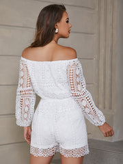 Solid Lace Off Shoulder Long Sleeve Romper