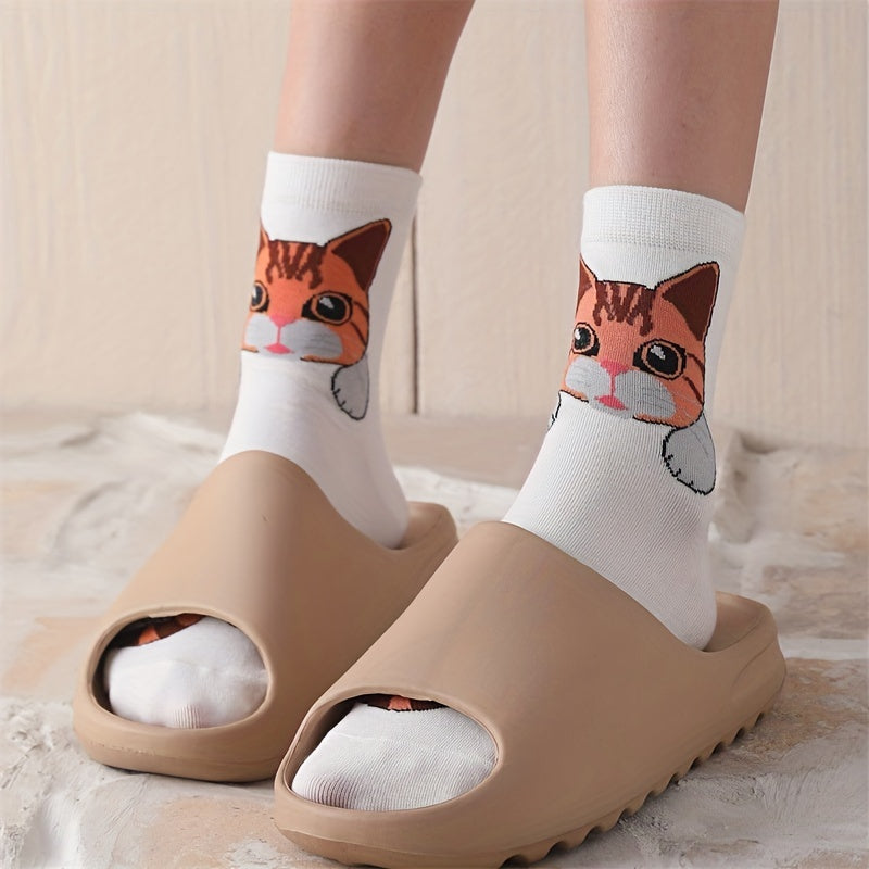 5 Pairs Cartoon Cat Print Socks Women's Stockings & Hosiery