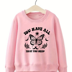 Butterfly Pattern Round Neck Sweatshirt For Girls