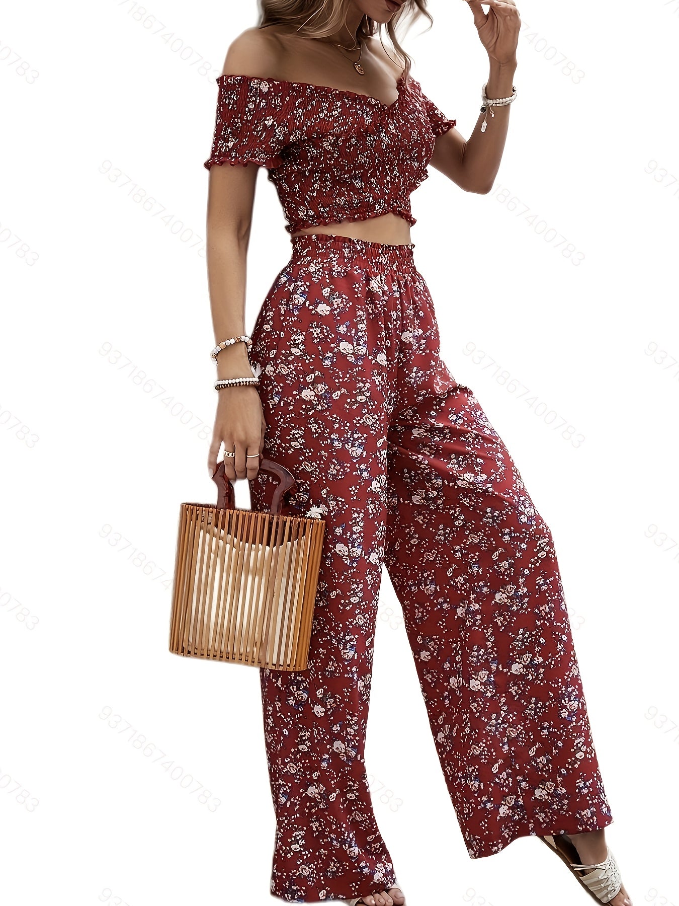 Floral Print Off Shoulder Crop Top & High Waist Set