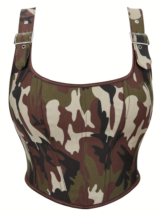 Camo Print Corset Top Sexy Squared Neck Sleeveless Top