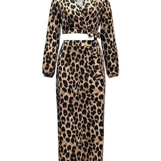 Leopard Print Two Piece Set Crop Top & Maxi Skirt Outfit
