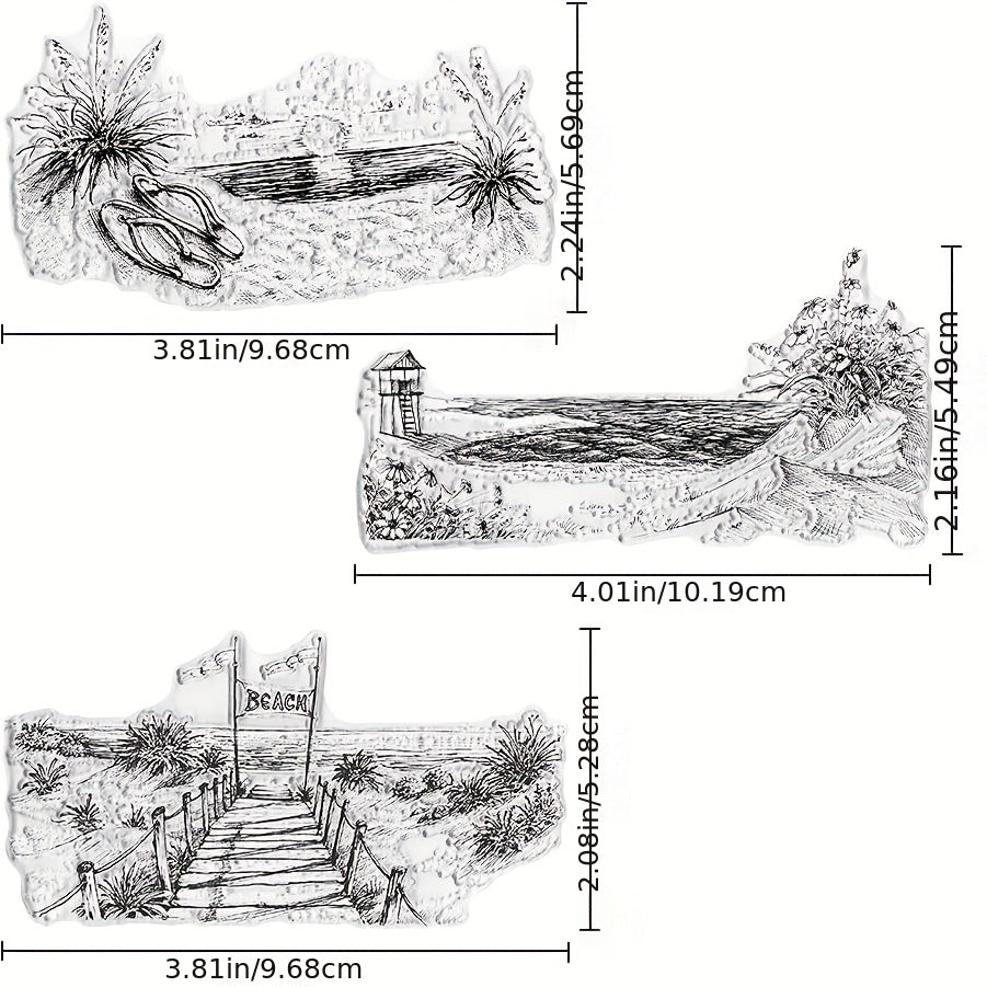 3pcs Sea Beach Background Clear Stamps Sun Harbor Scenery Rubber Stamps