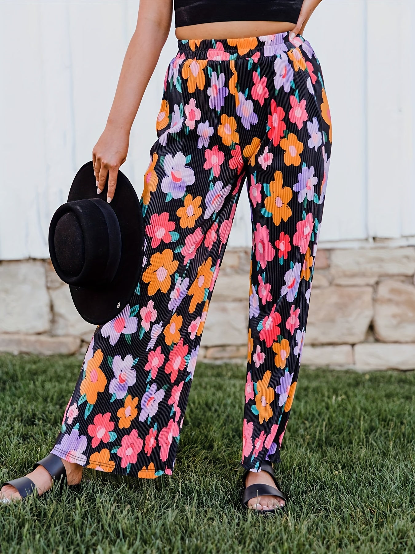 Women's Plus Floral Ribbed Wide Leg Pants