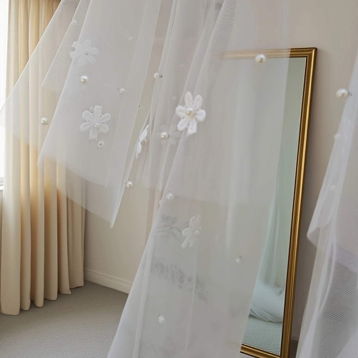Hand Sewn Floral Pearl Bridal Veil Double Layer with Comb
