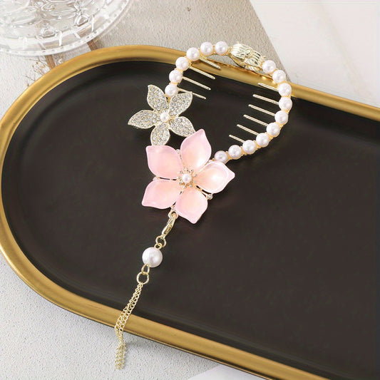 Flower Banana Clip With Pearl Tassel Hair Clip