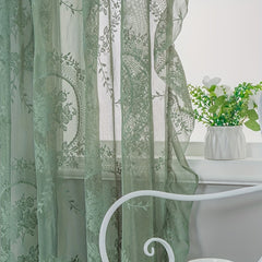 Green Flower Pattern Curtain with Ruffled Edge Rod Pocket