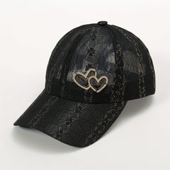 Lace Floral Embroidered Baseball Cap Heart Label Mesh Overlay Breathable Sun Hat