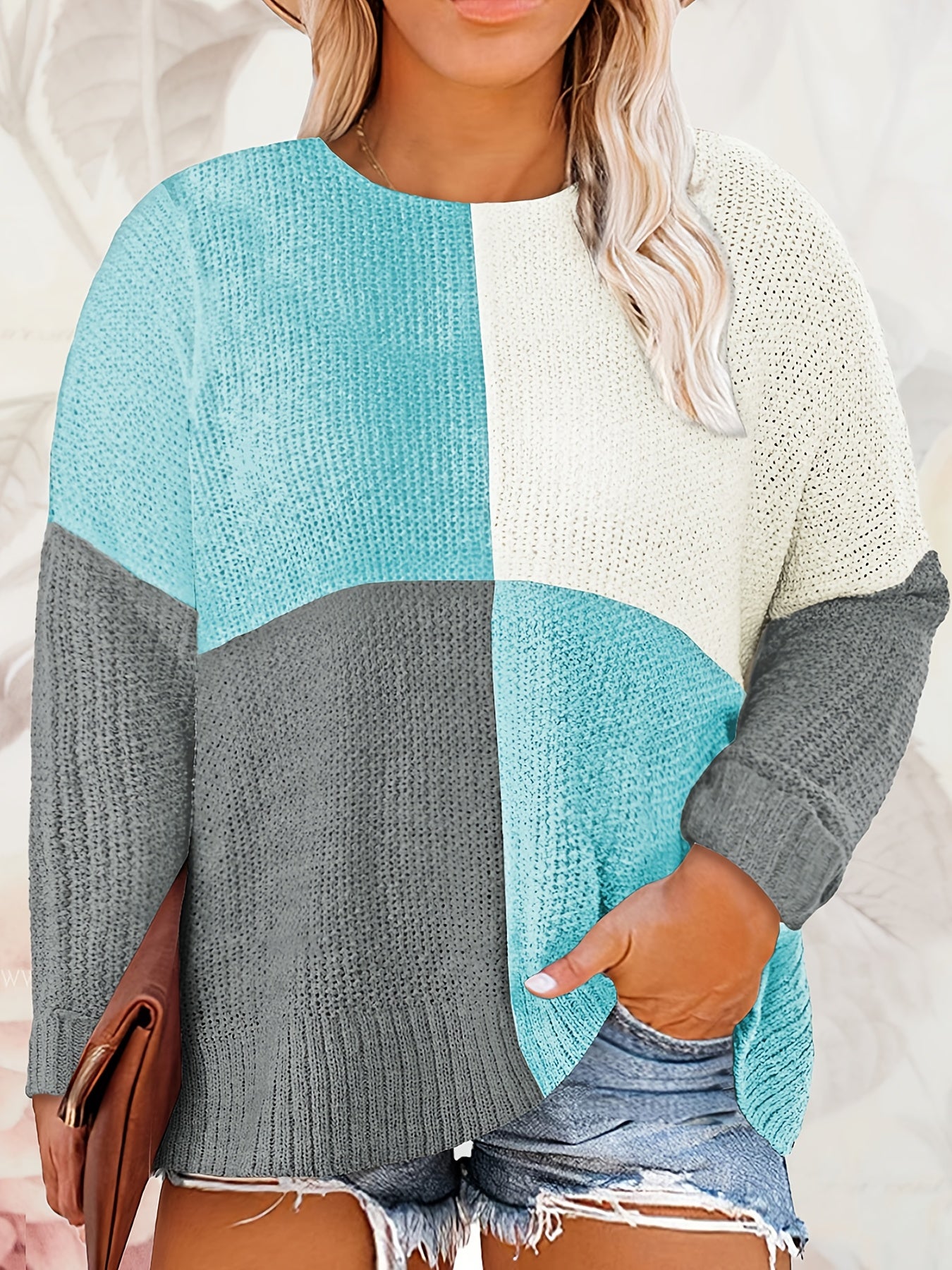 Colorblock Round Neck Pullover Sweater