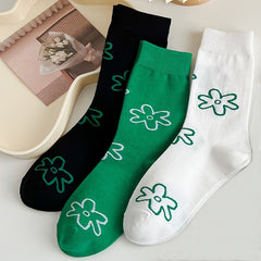 3 Pairs Floral Pattern Mid Tube Socks For Women