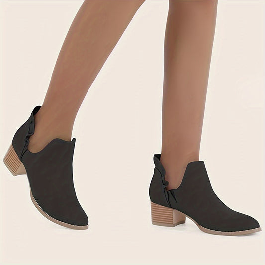 Women's Ruffle Cutout Ankle Boots, Chunky Stacked Heel Slip On