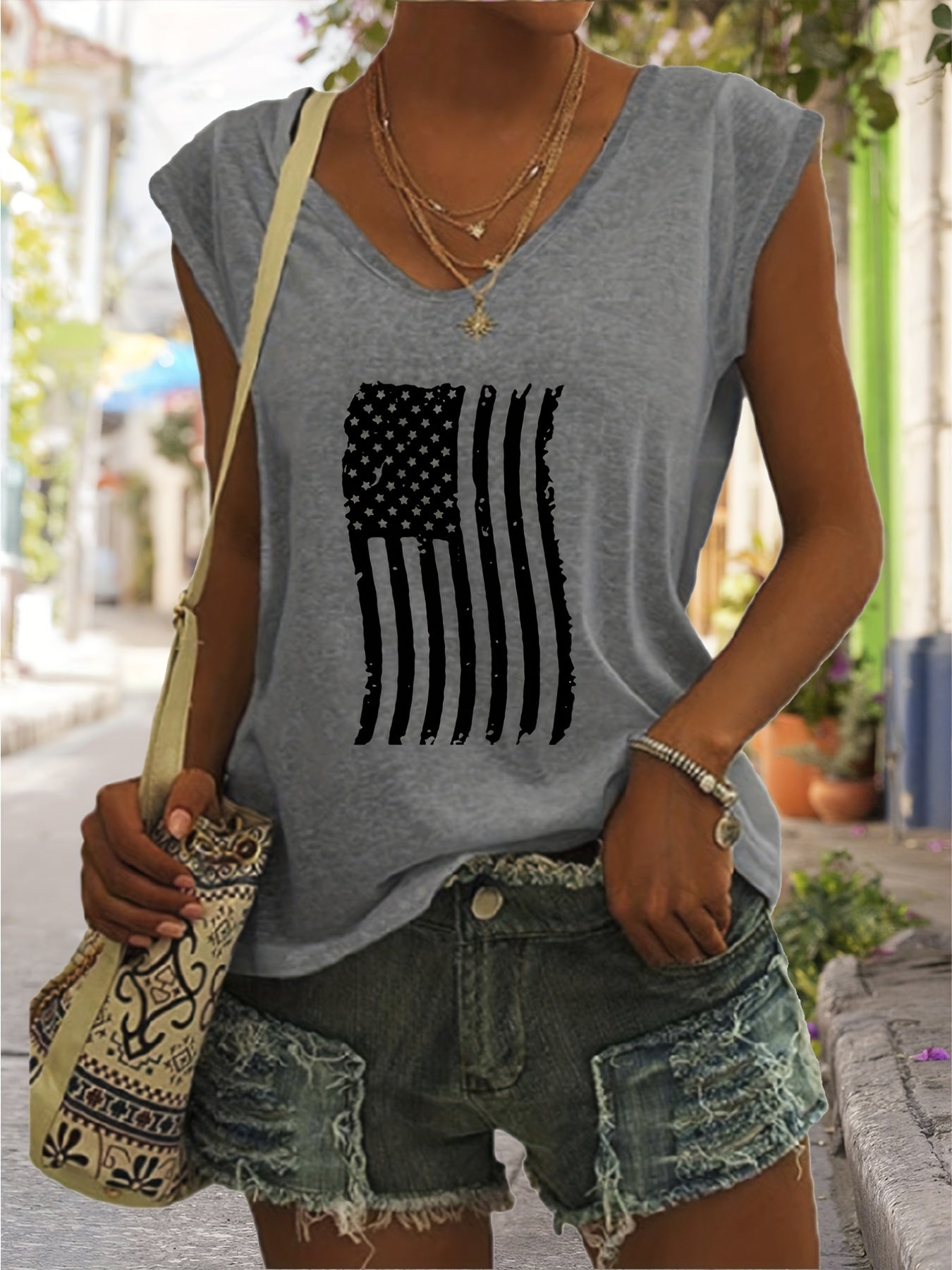 American Flag Print Tank Top V Neck Summer Sleeveless Top