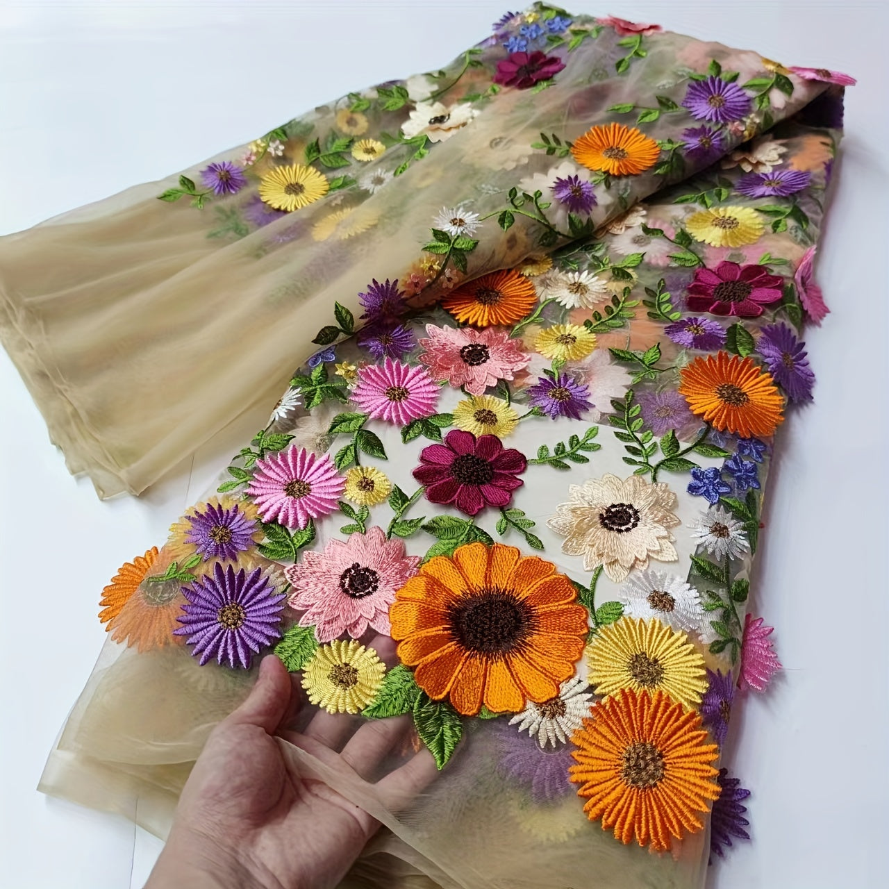 Large Machine Embroidery Sun Thread Applique Mesh Lace Dress