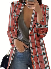 Plaid Print Open Front Dual Pockets Blazer Long Sleeve for Work Women