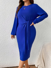  Solid Side Knot Lantern Sleeve Bodycon Midi Dress