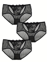3 Pack Plus Size Lace Semi Sheer Panties High Stretch Briefs
