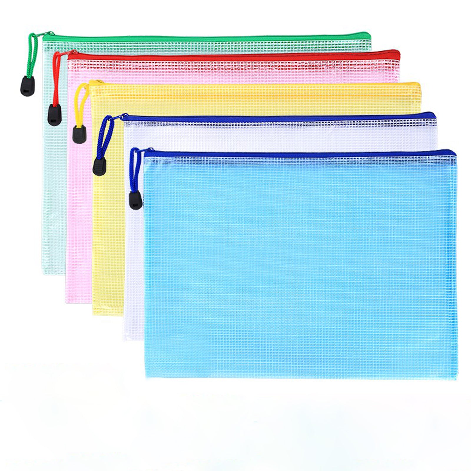 5pcs Plastic Mesh Zipper Pouch Waterproof Document Folders Bag - A4 Size