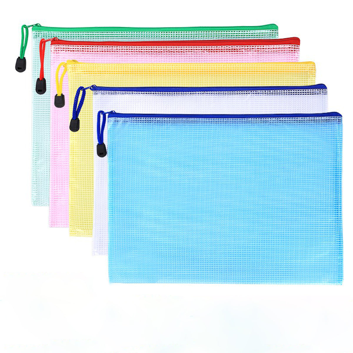 5pcs Plastic Mesh Zipper Pouch Waterproof Document Folders Bag - A4 Size