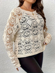  Sexy Knit Top Solid Pointelle Long Sleeve Round Neck