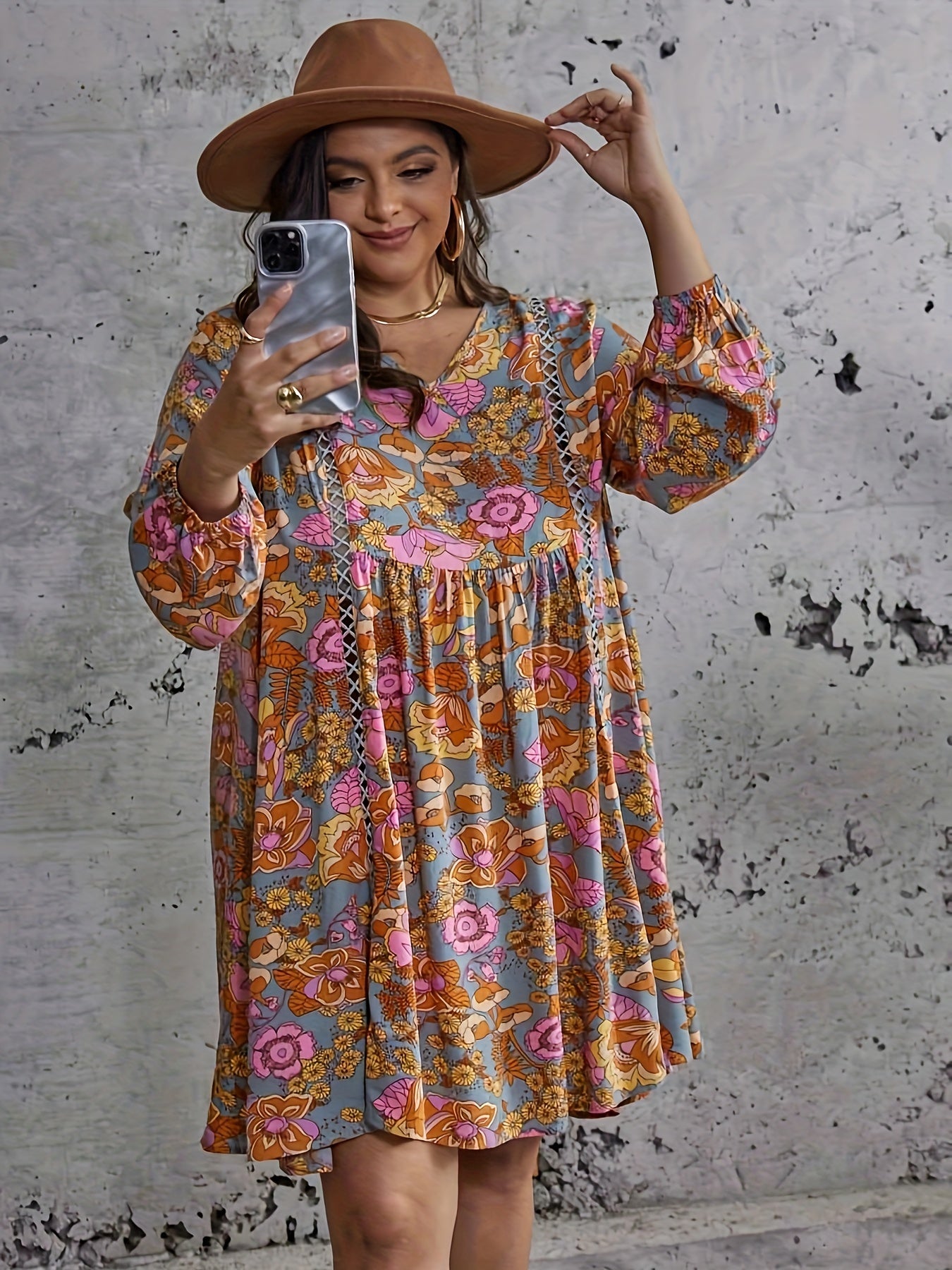 Plus Size Floral Lantern Sleeve Boho Dress