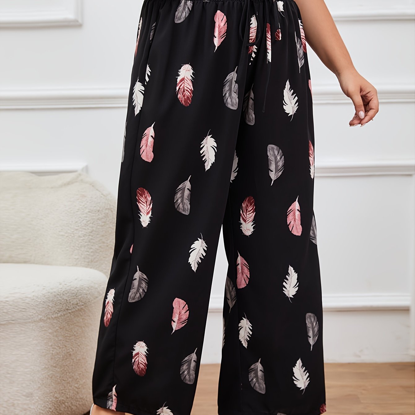  Feather Print Wide Leg Trousers