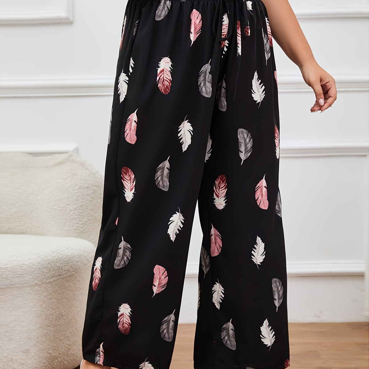  Feather Print Wide Leg Trousers