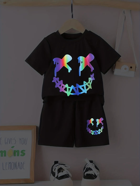 Boys Smile Face Graphic Print T-shirt & Shorts Set, Summer Kids Clothing