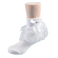 3 Pairs Girls Lace Brim Ruffled Bow Knit Crew Socks