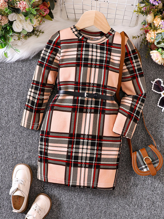 Girls' Classic Plaid Bodycon Dress With Belt Slim Fit
