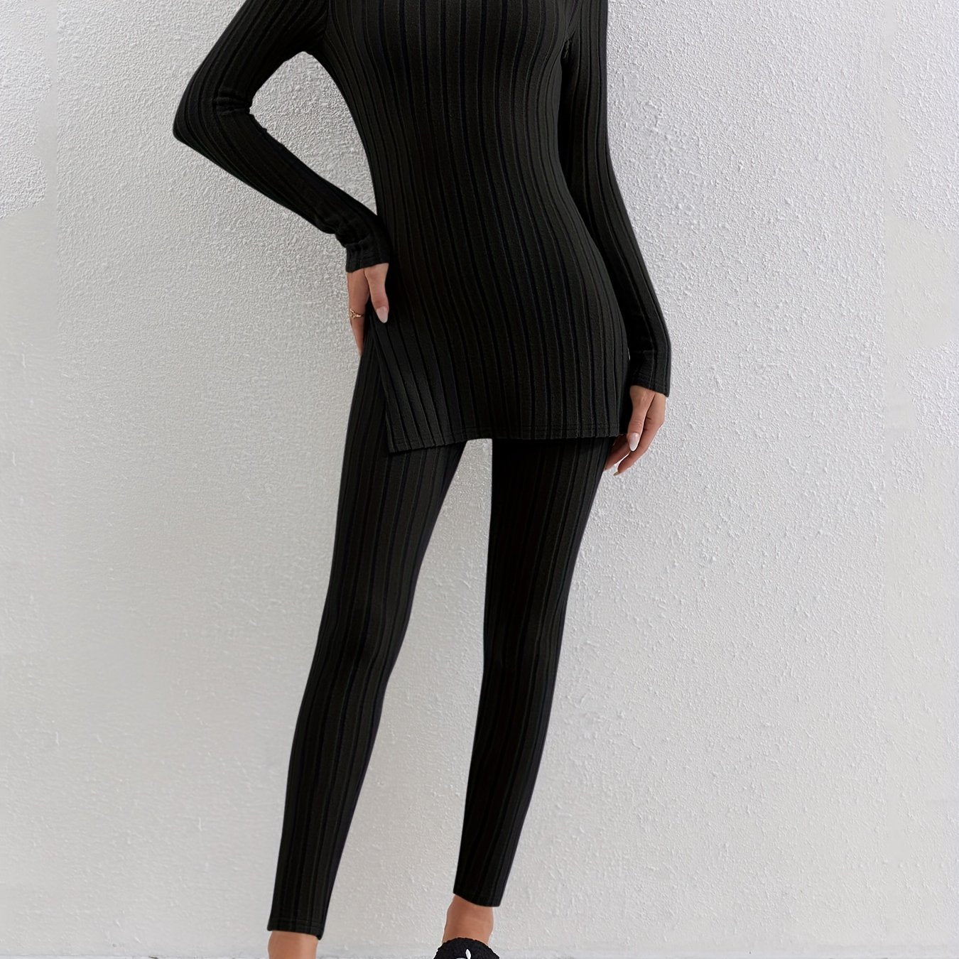 Ribbed Two piece Set Long Sleeve Side Split Top & Pants Outfits