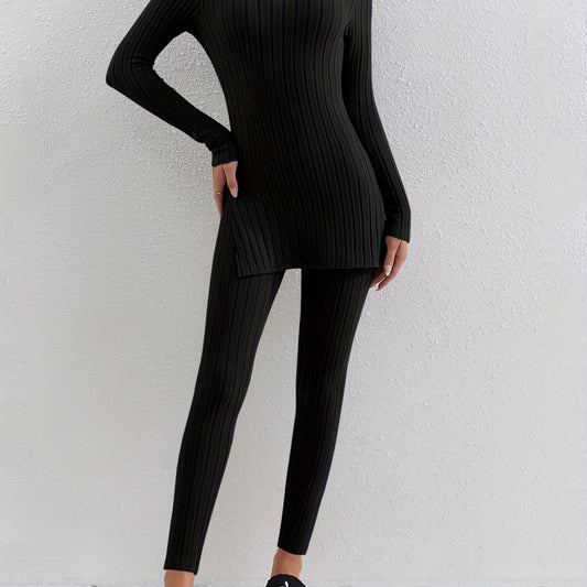 Ribbed Two piece Set Long Sleeve Side Split Top & Pants Outfits